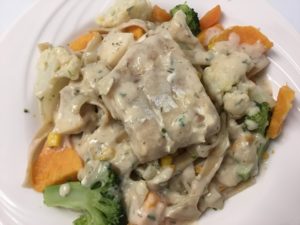 Homemade creamy cod fillet with wholewheat tagliatelle meal
