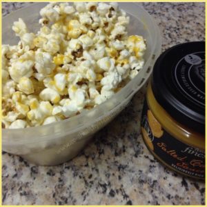 Homemade popcorn with salted caramel sauce